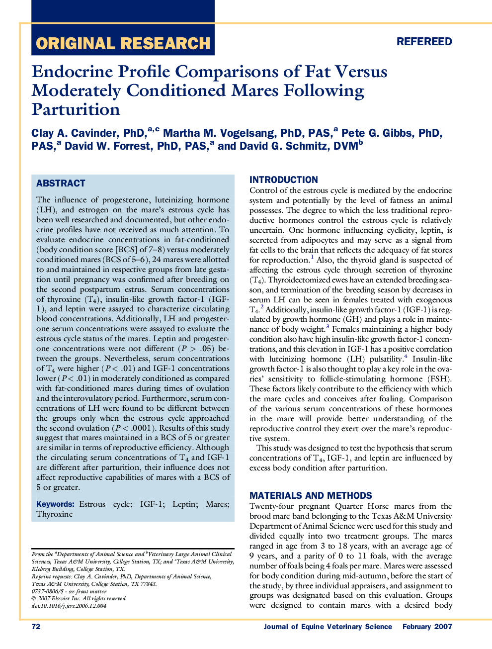 Endocrine Profile Comparisons of Fat Versus Moderately Conditioned Mares Following Parturition 