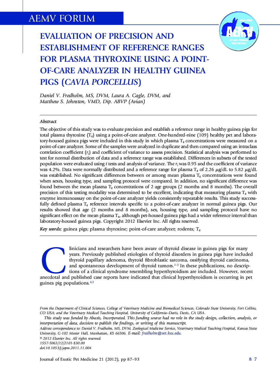 Evaluation of Precision and Establishment of Reference Ranges for Plasma Thyroxine using a Point-of-Care Analyzer in Healthy Guinea Pigs (Cavia porcellus) 