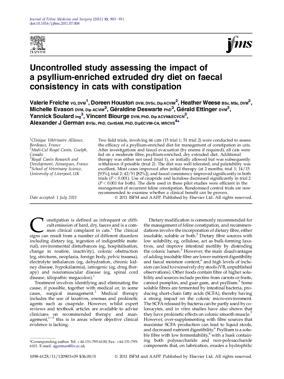 Uncontrolled study assessing the impact of a psyllium-enriched extruded dry diet on faecal consistency in cats with constipation