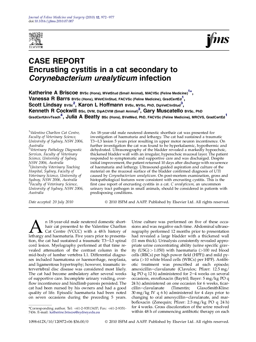 Encrusting cystitis in a cat secondary to Corynebacterium urealyticum infection