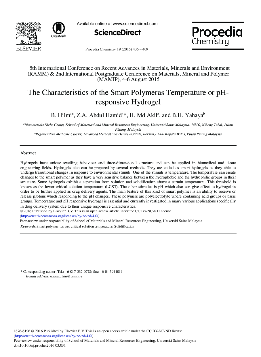 ویژگی های دمای هوشمند پلیمراز یا هیدروژل پاسخگو به pH 