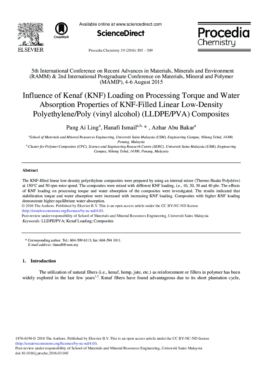 تأثیر بارگذاری کانف (KNF) بر پردازش گشتاور و خواص جذب آب کامپوزیت های (LLDPE/PVA)  پلی اتیلن/پلی(پلی وینیل الکل) کم تراکم خطی پر شده از KNF