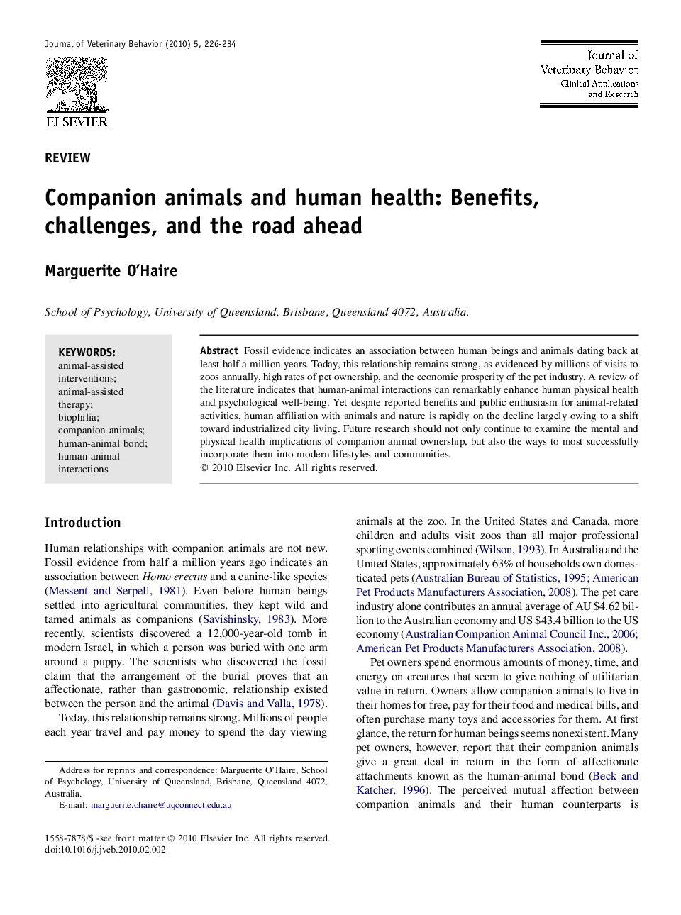 Companion animals and human health: Benefits, challenges, and the road ahead