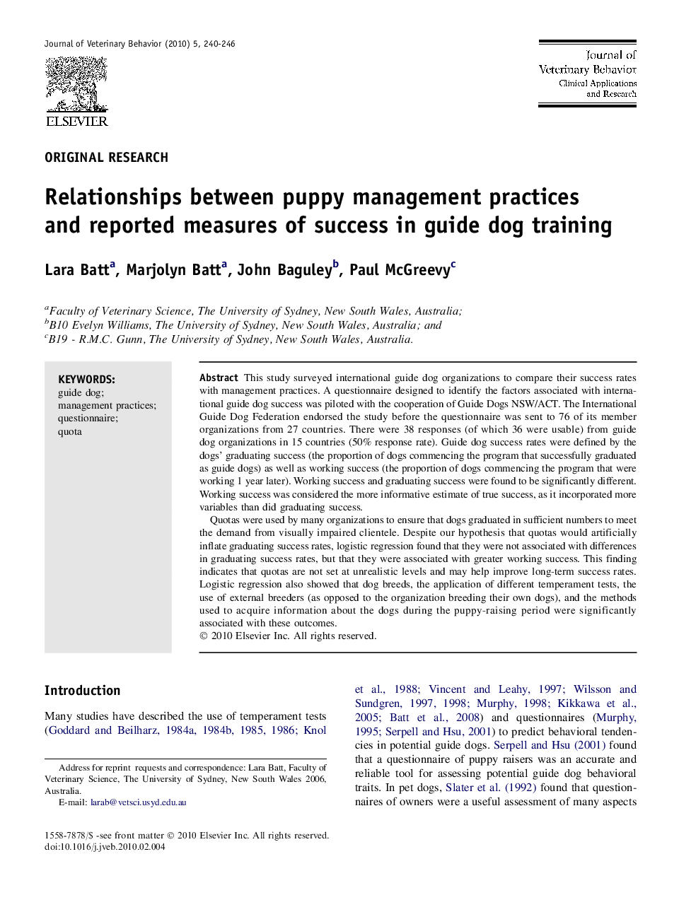 Relationships between puppy management practices and reported measures of success in guide dog training