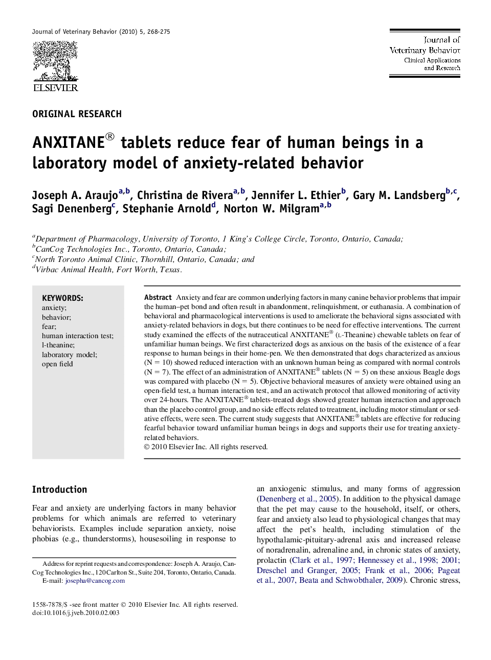 ANXITANE® tablets reduce fear of human beings in a laboratory model of anxiety-related behavior