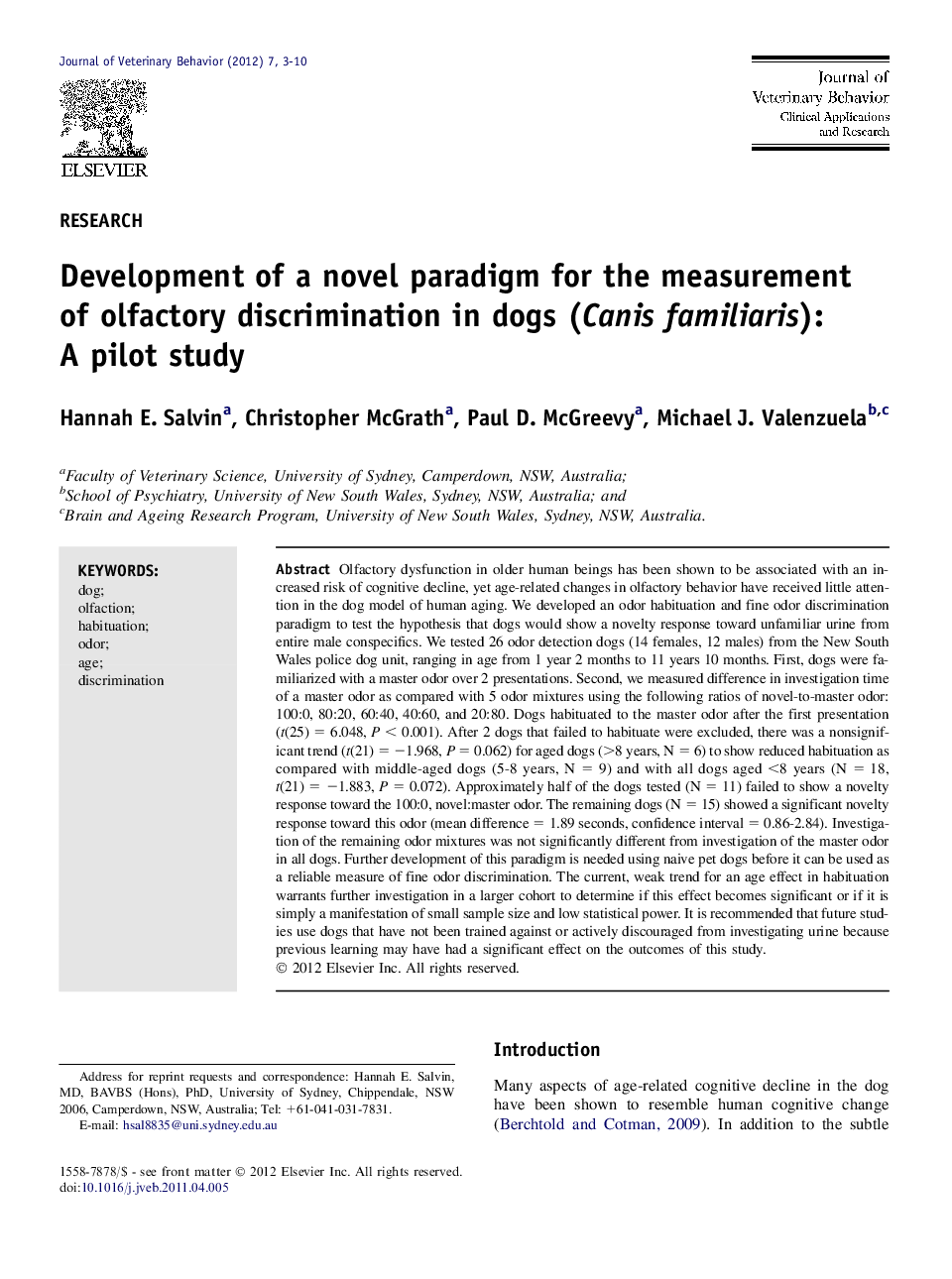 Development of a novel paradigm for the measurement of olfactory discrimination in dogs (Canis familiaris): A pilot study
