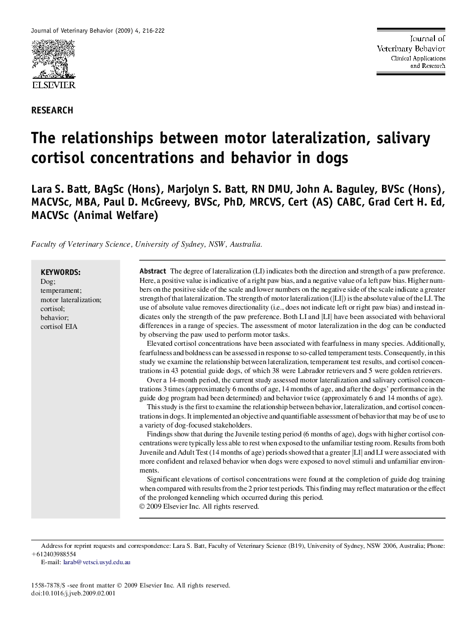 The relationships between motor lateralization, salivary cortisol concentrations and behavior in dogs