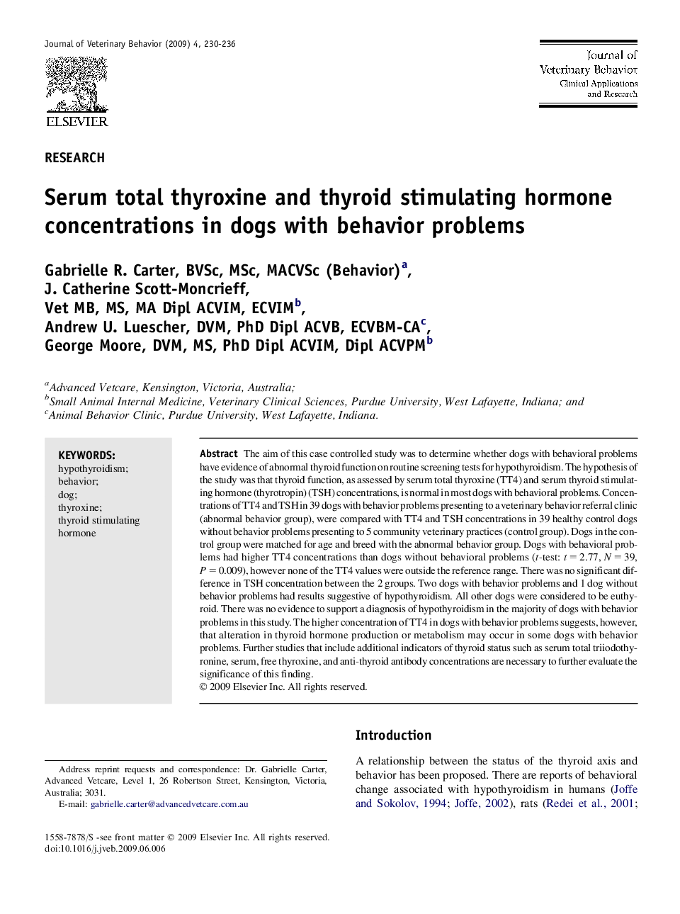 Serum total thyroxine and thyroid stimulating hormone concentrations in dogs with behavior problems