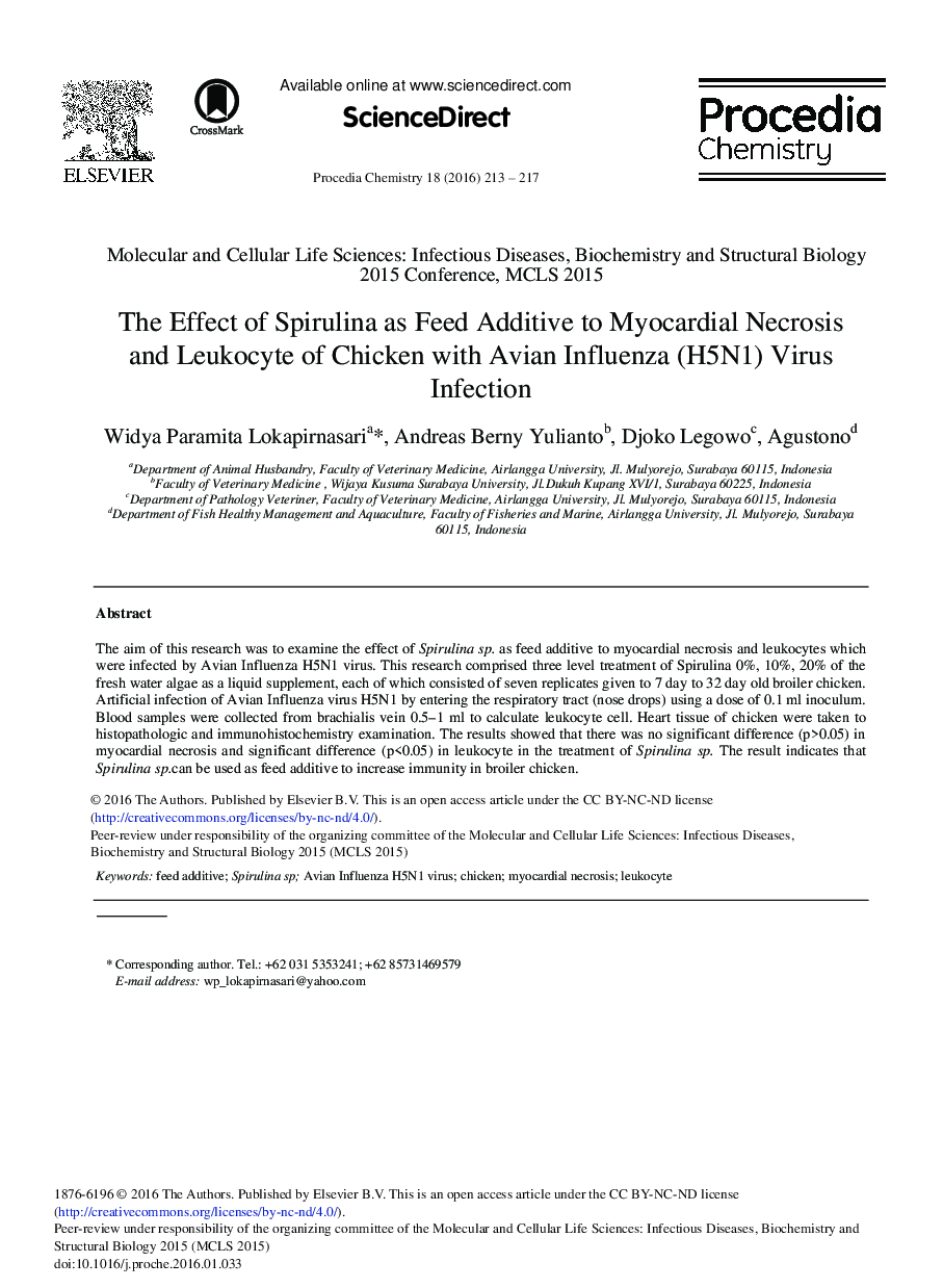 اثر اسپیرولینا به عنوان افزودنی خوراک به نکروز قلبی و لکوسیت مرغ با عفونت ویروس آنفولانزای پرندگان (H5N1) 