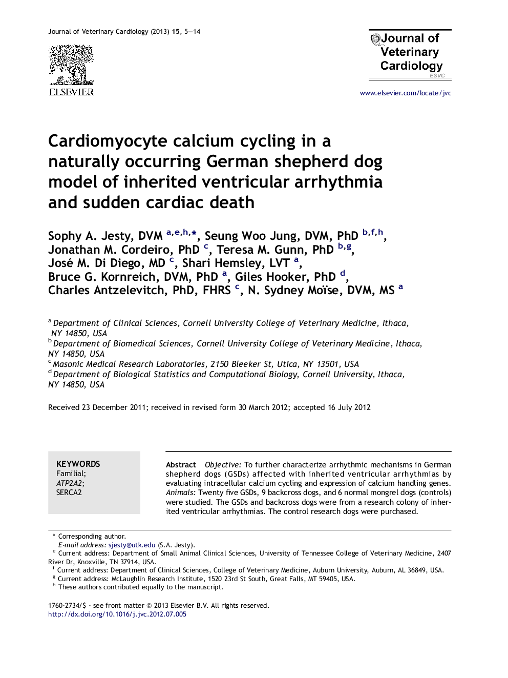 Cardiomyocyte calcium cycling in a naturally occurring German shepherd dog model of inherited ventricular arrhythmia and sudden cardiac death