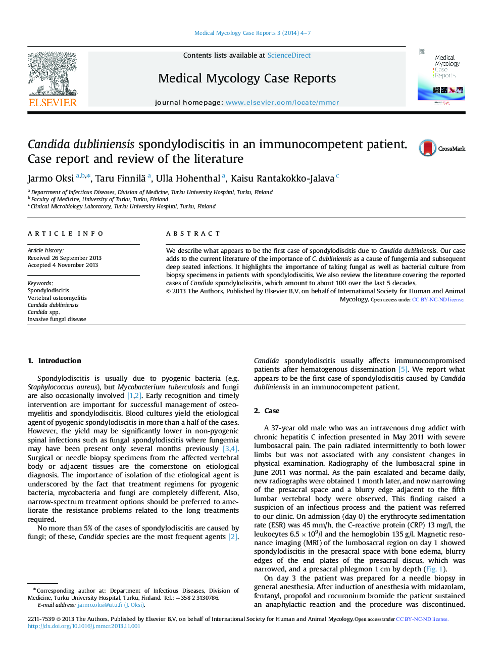 Candida dubliniensis spondylodiscitis in an immunocompetent patient. Case report and review of the literature