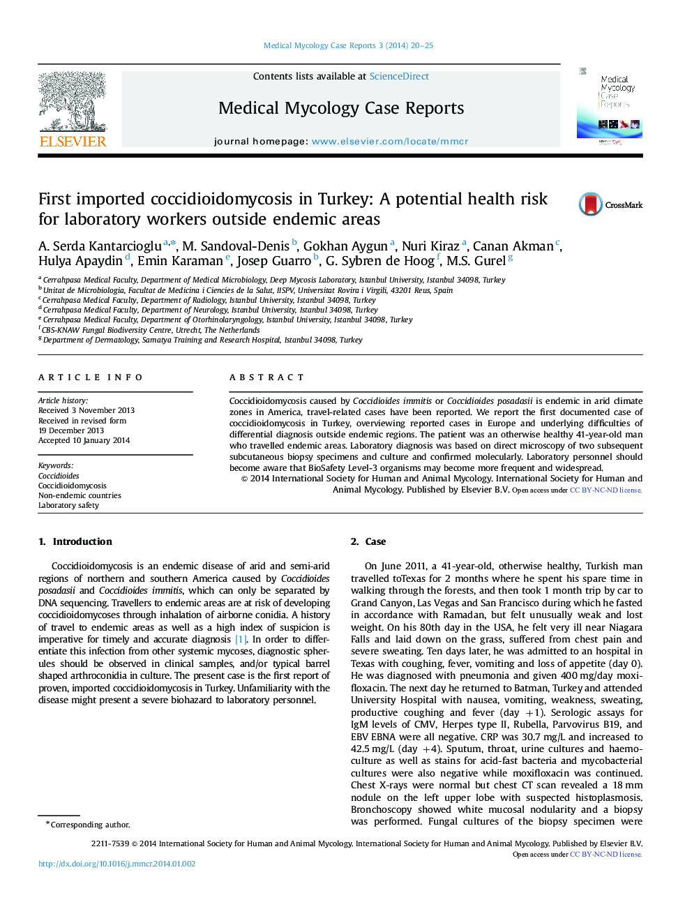 اولین کوکیدیوئیدومیکوز وارداتی در ترکیه: یک خطر بالقوه بهداشتی برای کارگران آزمایشگاهی در خارج از مناطق اندمیک 