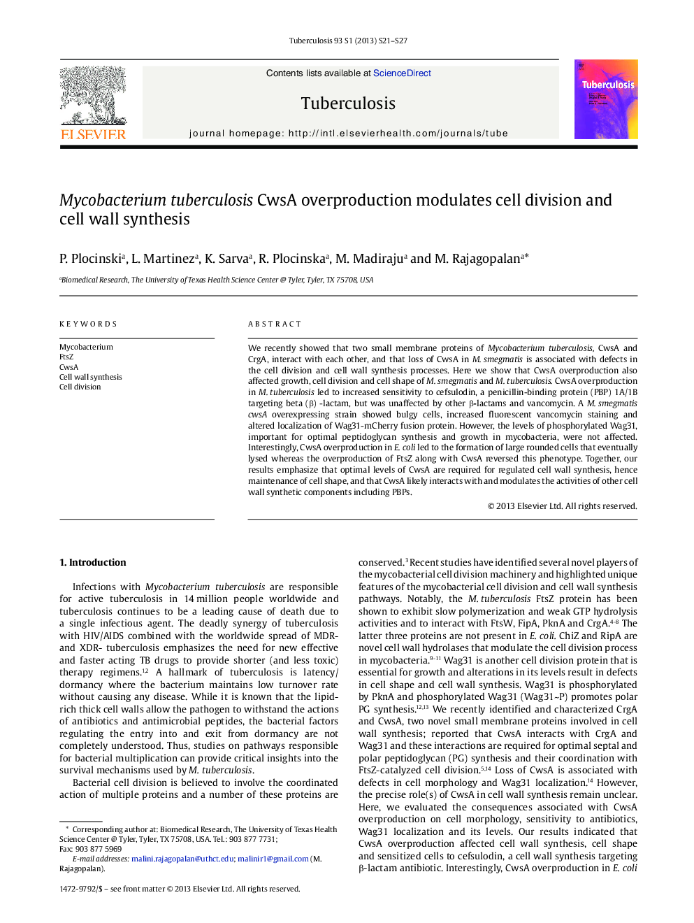 Mycobacterium tuberculosis CwsA overproduction modulates cell division and cell wall synthesis