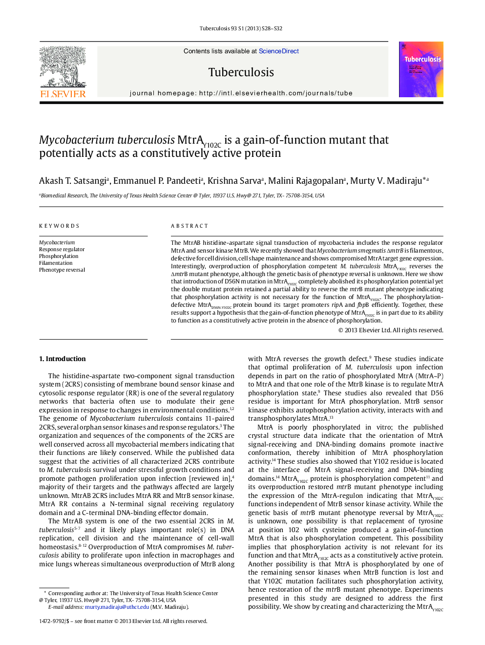 Mycobacterium tuberculosis MtrAY102C is a gain-of-function mutant that potentially acts as a constitutively active protein