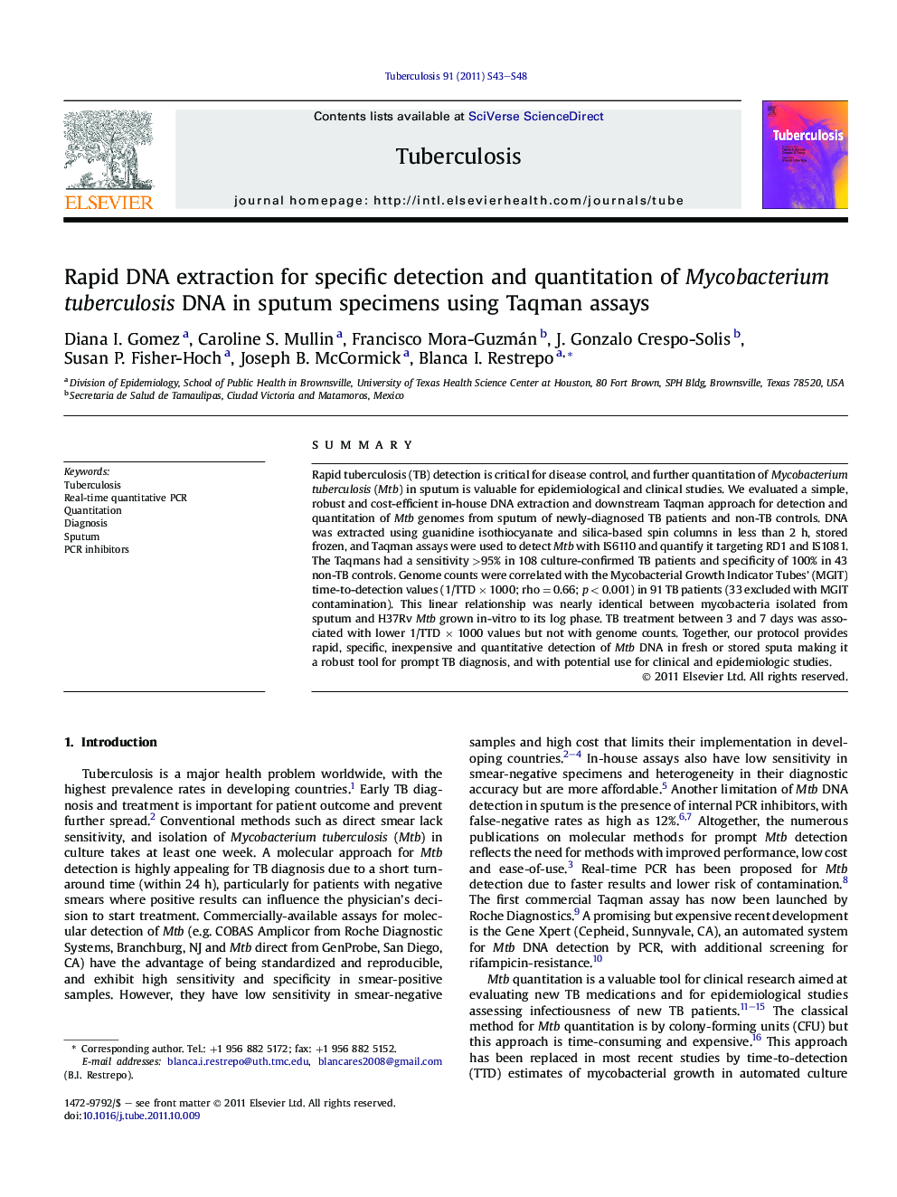 Rapid DNA extraction for specific detection and quantitation of Mycobacterium tuberculosis DNA in sputum specimens using Taqman assays