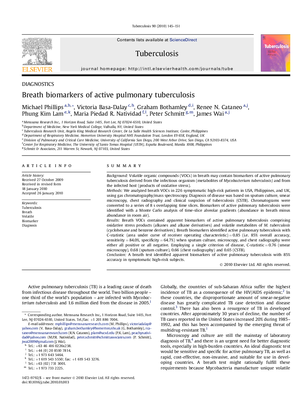 Breath biomarkers of active pulmonary tuberculosis