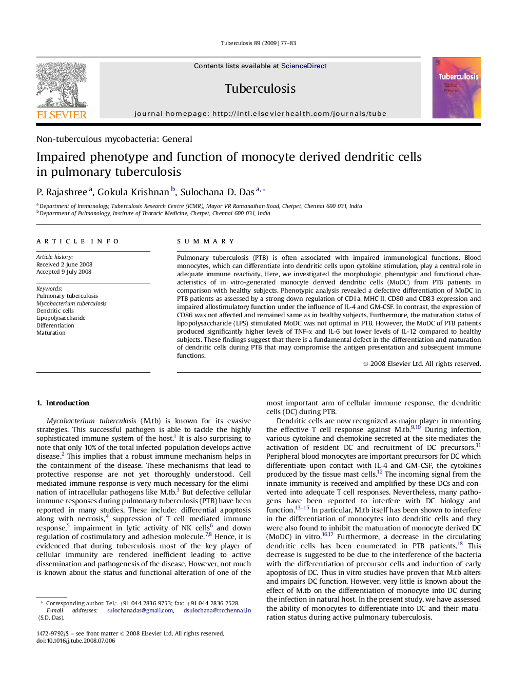 Impaired phenotype and function of monocyte derived dendritic cells in pulmonary tuberculosis