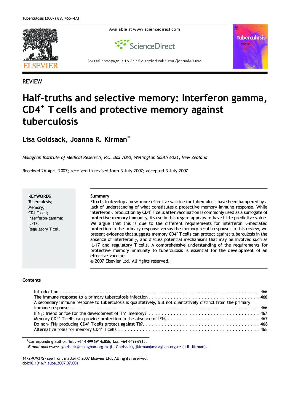 Half-truths and selective memory: Interferon gamma, CD4+ T cells and protective memory against tuberculosis