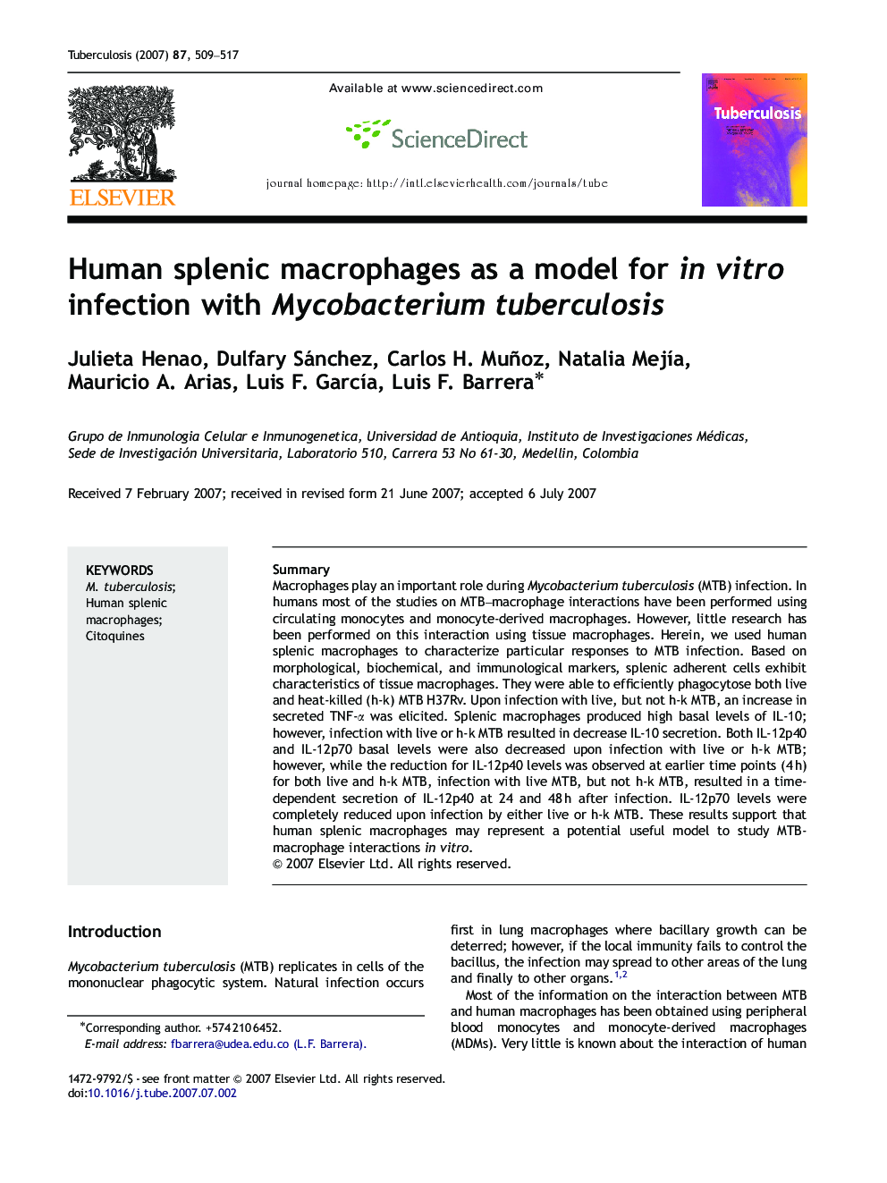Human splenic macrophages as a model for in vitro infection with Mycobacterium tuberculosis