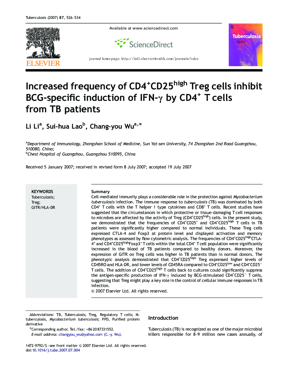 Increased frequency of CD4+CD25high Treg cells inhibit BCG-specific induction of IFN-γ by CD4+ T cells from TB patients