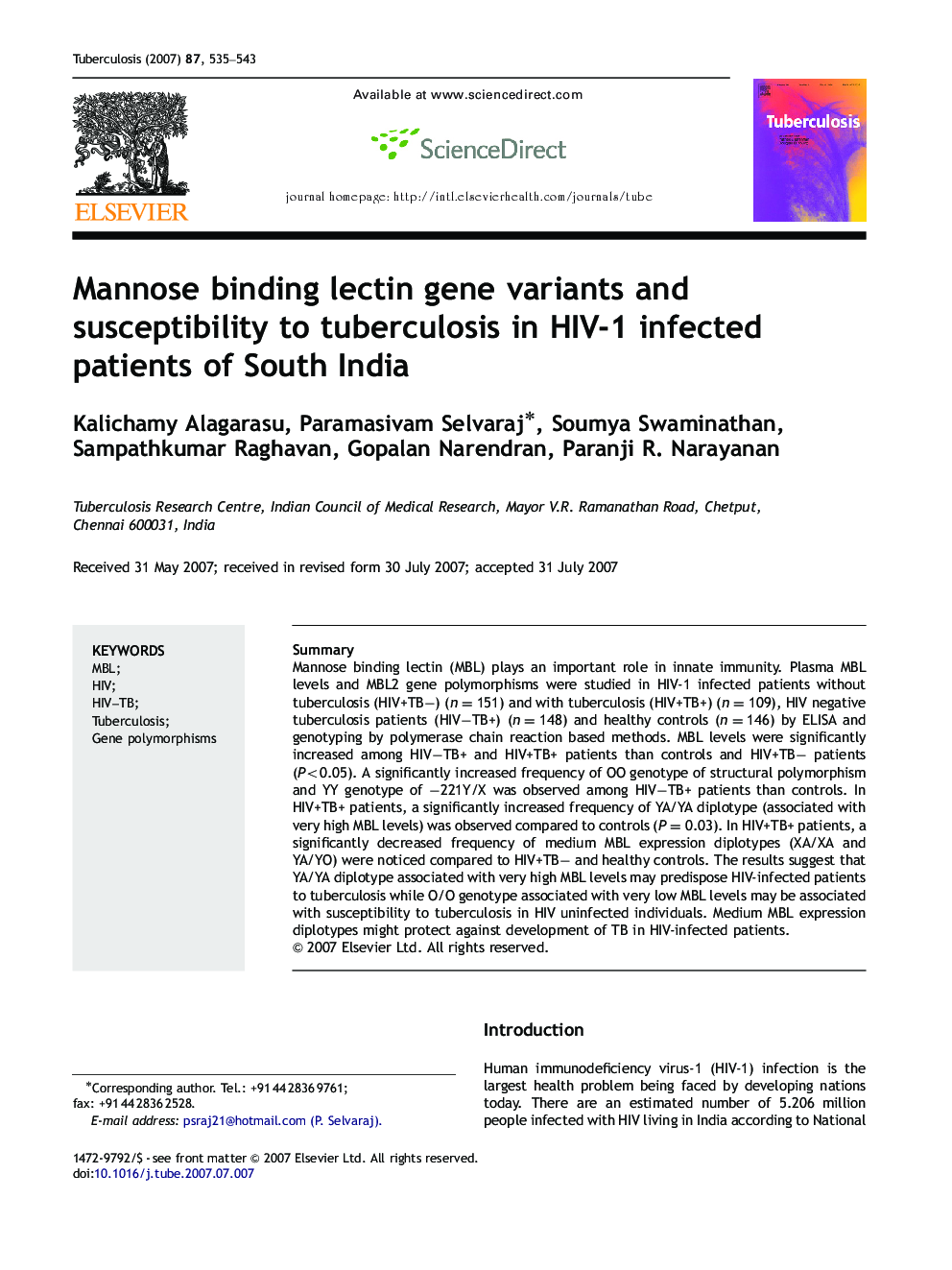 Mannose binding lectin gene variants and susceptibility to tuberculosis in HIV-1 infected patients of South India