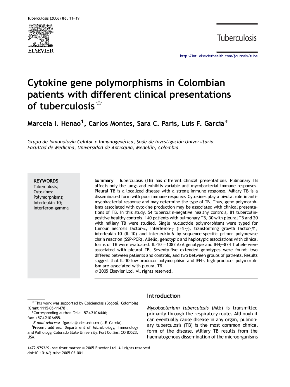 Cytokine gene polymorphisms in Colombian patients with different clinical presentations of tuberculosis 