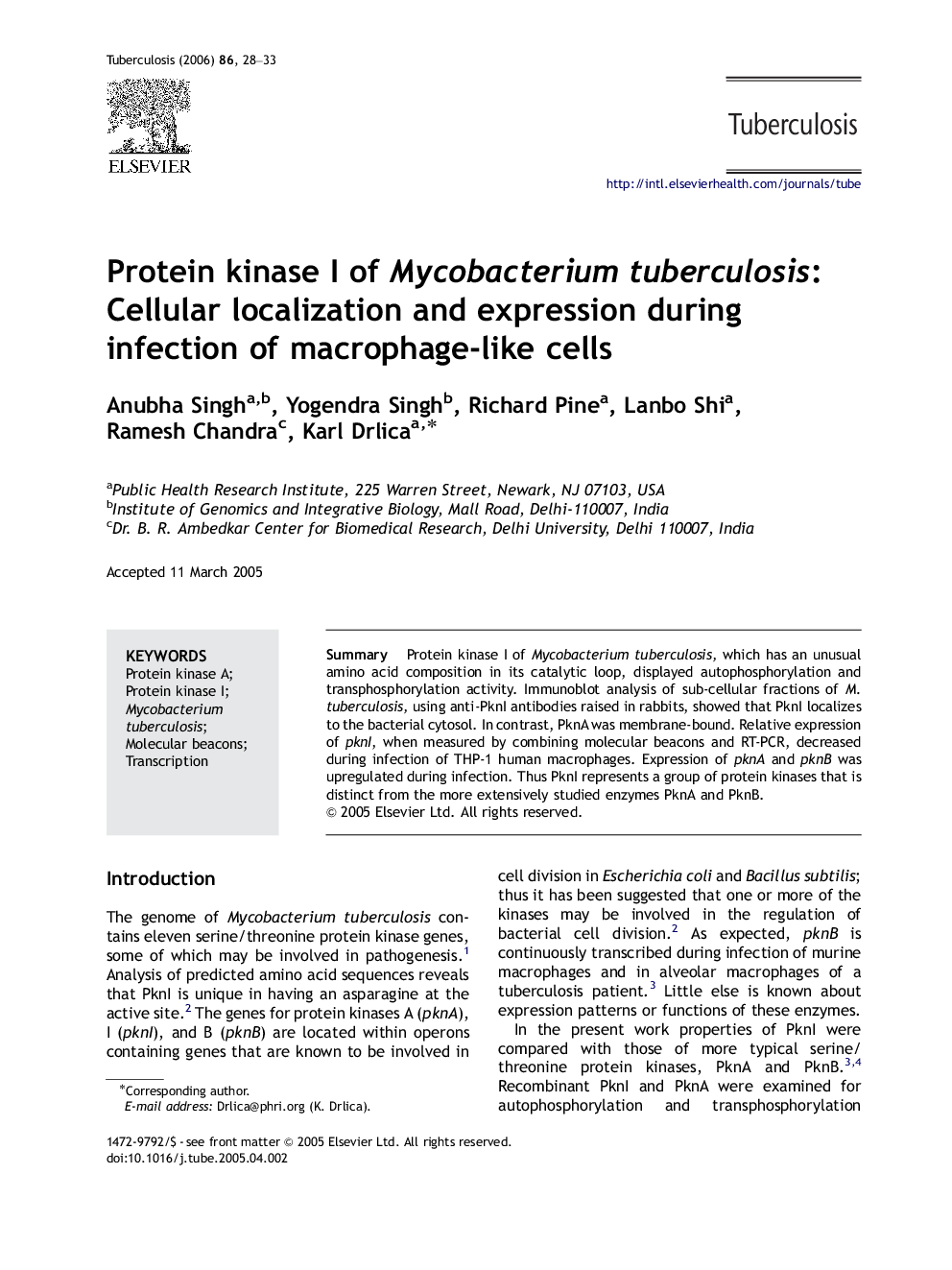 Protein kinase I of Mycobacterium tuberculosis: Cellular localization and expression during infection of macrophage-like cells