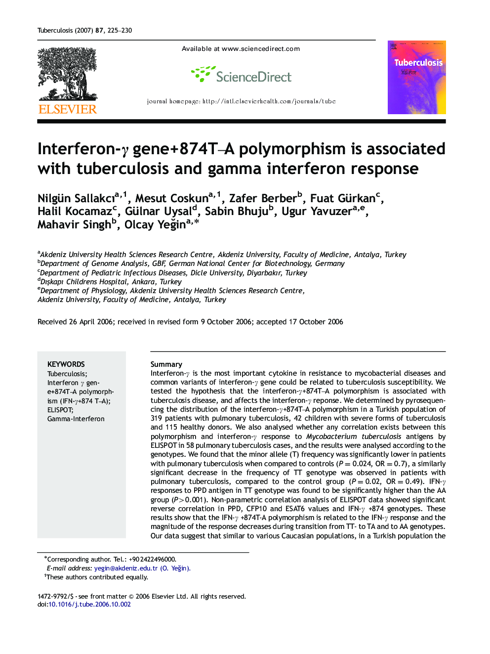 Interferon-γ gene+874T–A polymorphism is associated with tuberculosis and gamma interferon response