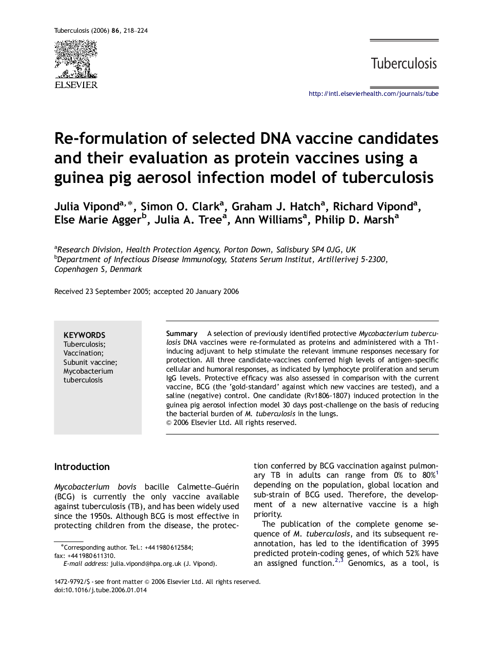 Re-formulation of selected DNA vaccine candidates and their evaluation as protein vaccines using a guinea pig aerosol infection model of tuberculosis