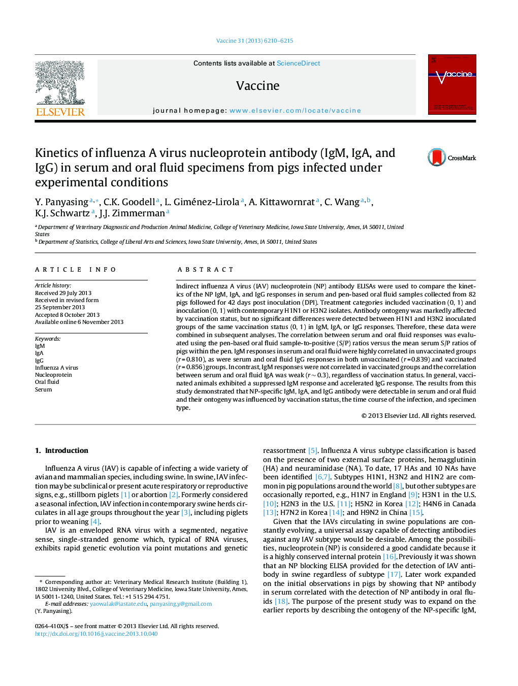 Kinetics of influenza A virus nucleoprotein antibody (IgM, IgA, and IgG) in serum and oral fluid specimens from pigs infected under experimental conditions