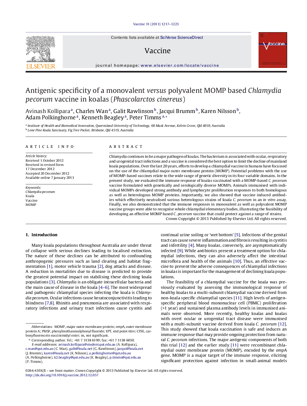Antigenic specificity of a monovalent versus polyvalent MOMP based Chlamydia pecorum vaccine in koalas (Phascolarctos cinereus)