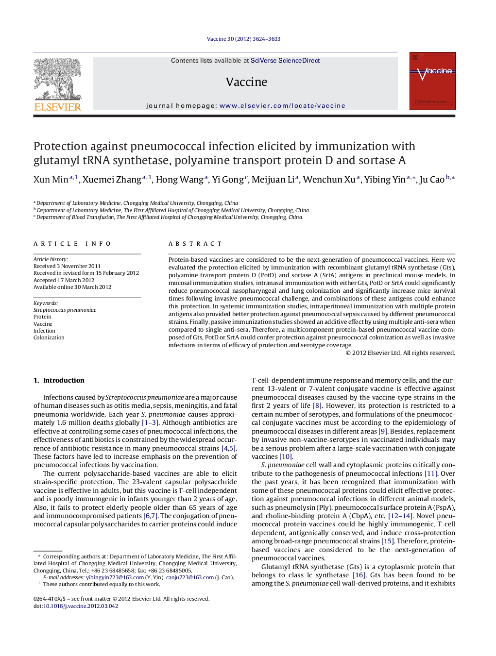 Protection against pneumococcal infection elicited by immunization with glutamyl tRNA synthetase, polyamine transport protein D and sortase A