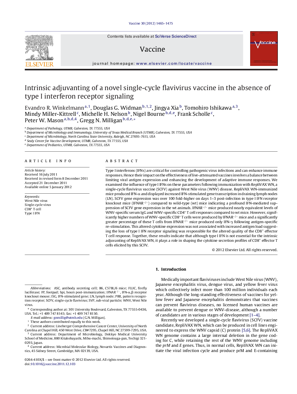 Intrinsic adjuvanting of a novel single-cycle flavivirus vaccine in the absence of type I interferon receptor signaling