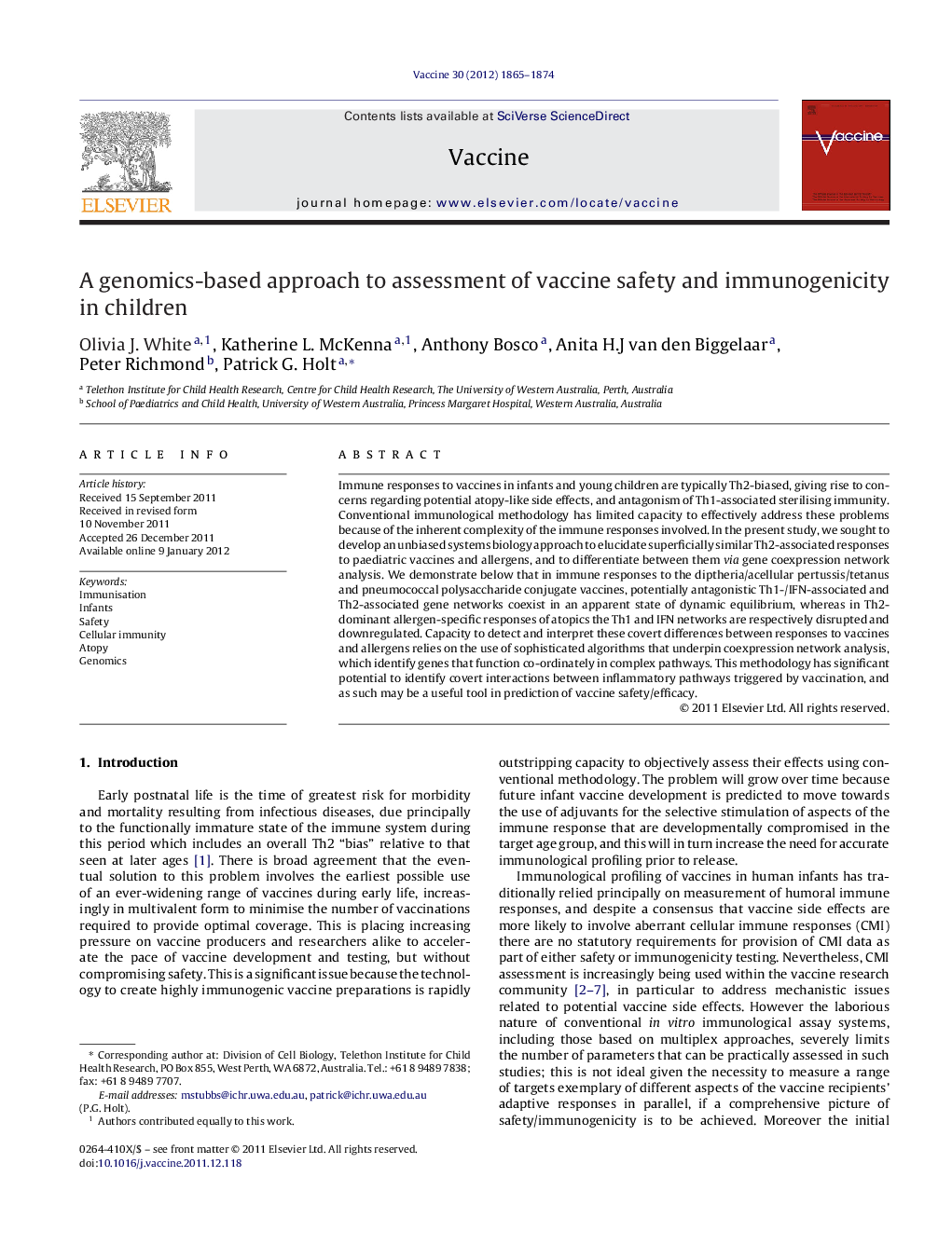 A genomics-based approach to assessment of vaccine safety and immunogenicity in children