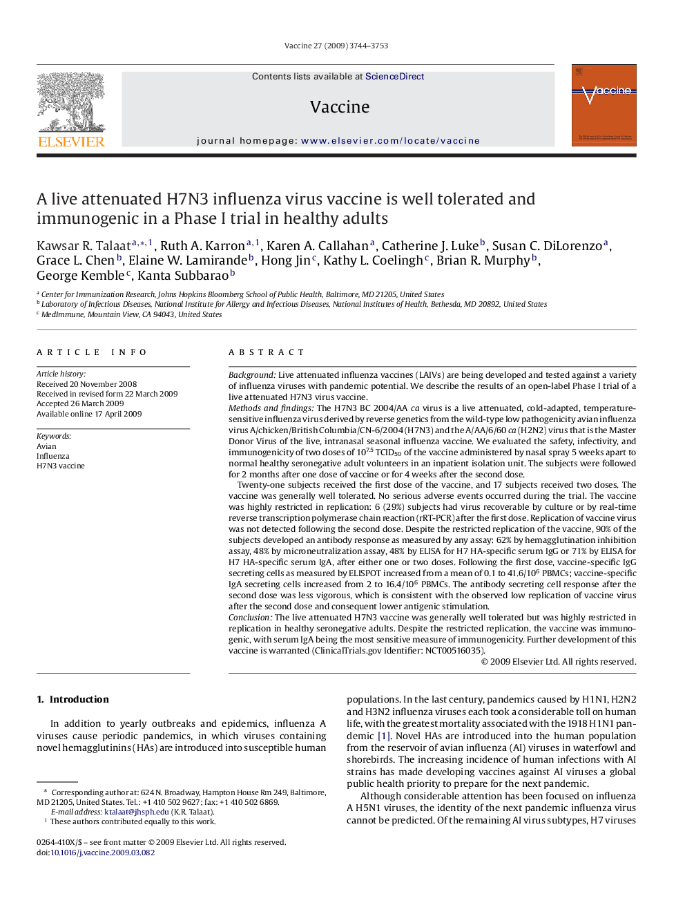 A live attenuated H7N3 influenza virus vaccine is well tolerated and immunogenic in a Phase I trial in healthy adults