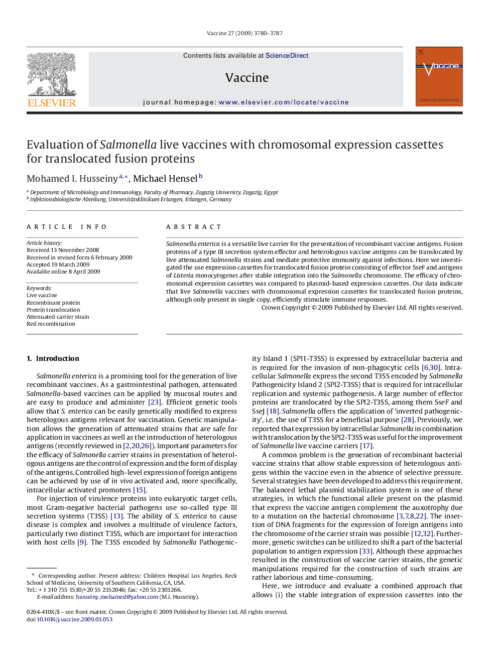 Evaluation of Salmonella live vaccines with chromosomal expression cassettes for translocated fusion proteins