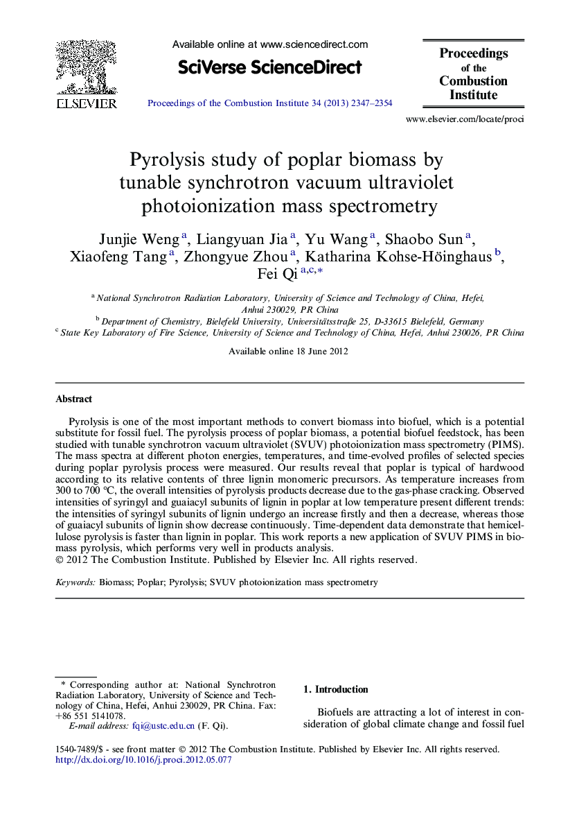 Pyrolysis study of poplar biomass by tunable synchrotron vacuum ultraviolet photoionization mass spectrometry