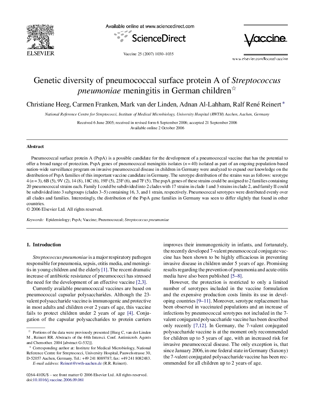 Genetic diversity of pneumococcal surface protein A of Streptococcus pneumoniae meningitis in German children 