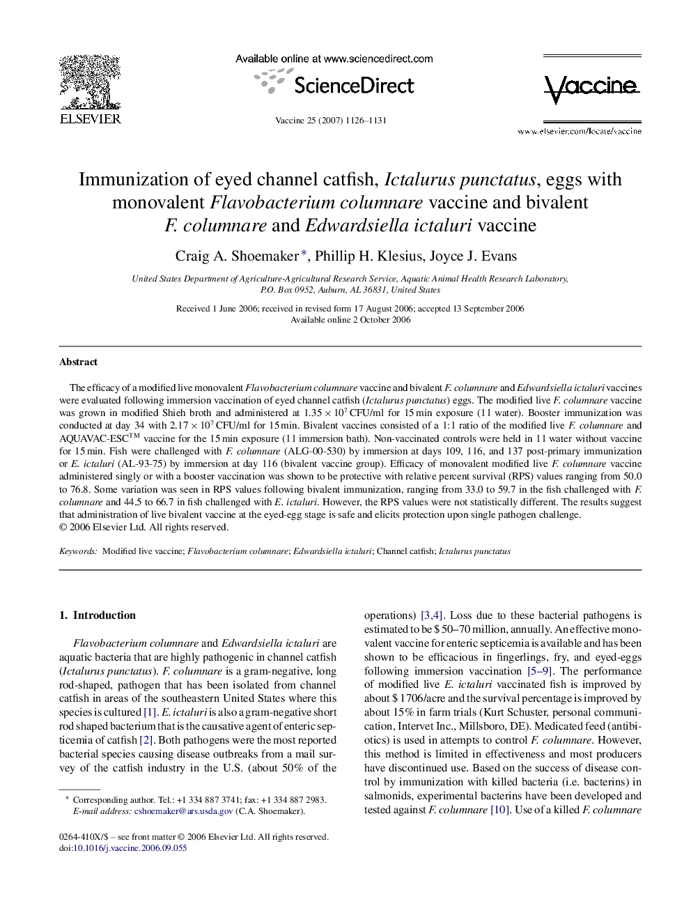 Immunization of eyed channel catfish, Ictalurus punctatus, eggs with monovalent Flavobacterium columnare vaccine and bivalent F. columnare and Edwardsiella ictaluri vaccine