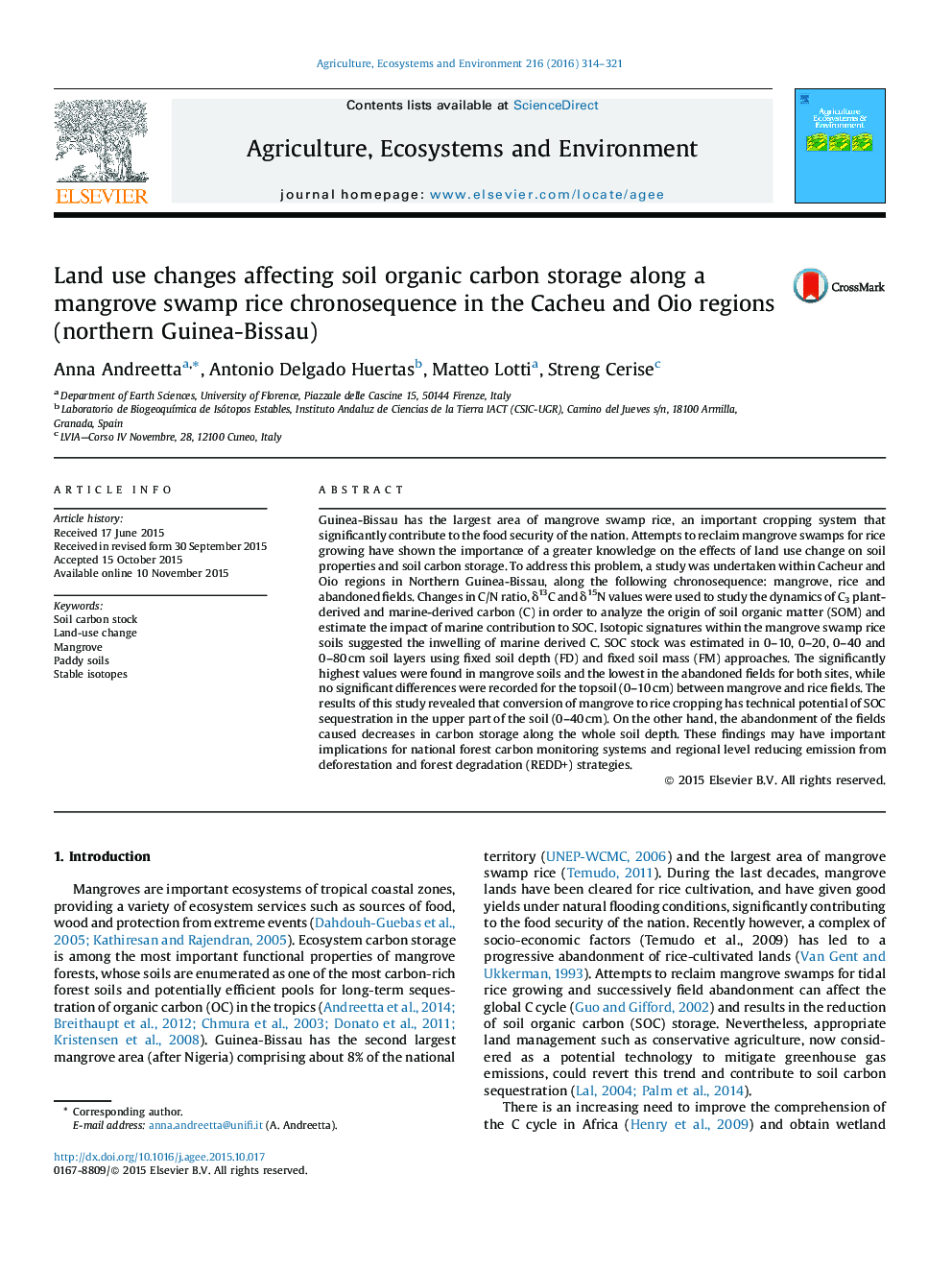Land use changes affecting soil organic carbon storage along a mangrove swamp rice chronosequence in the Cacheu and Oio regions (northern Guinea-Bissau)