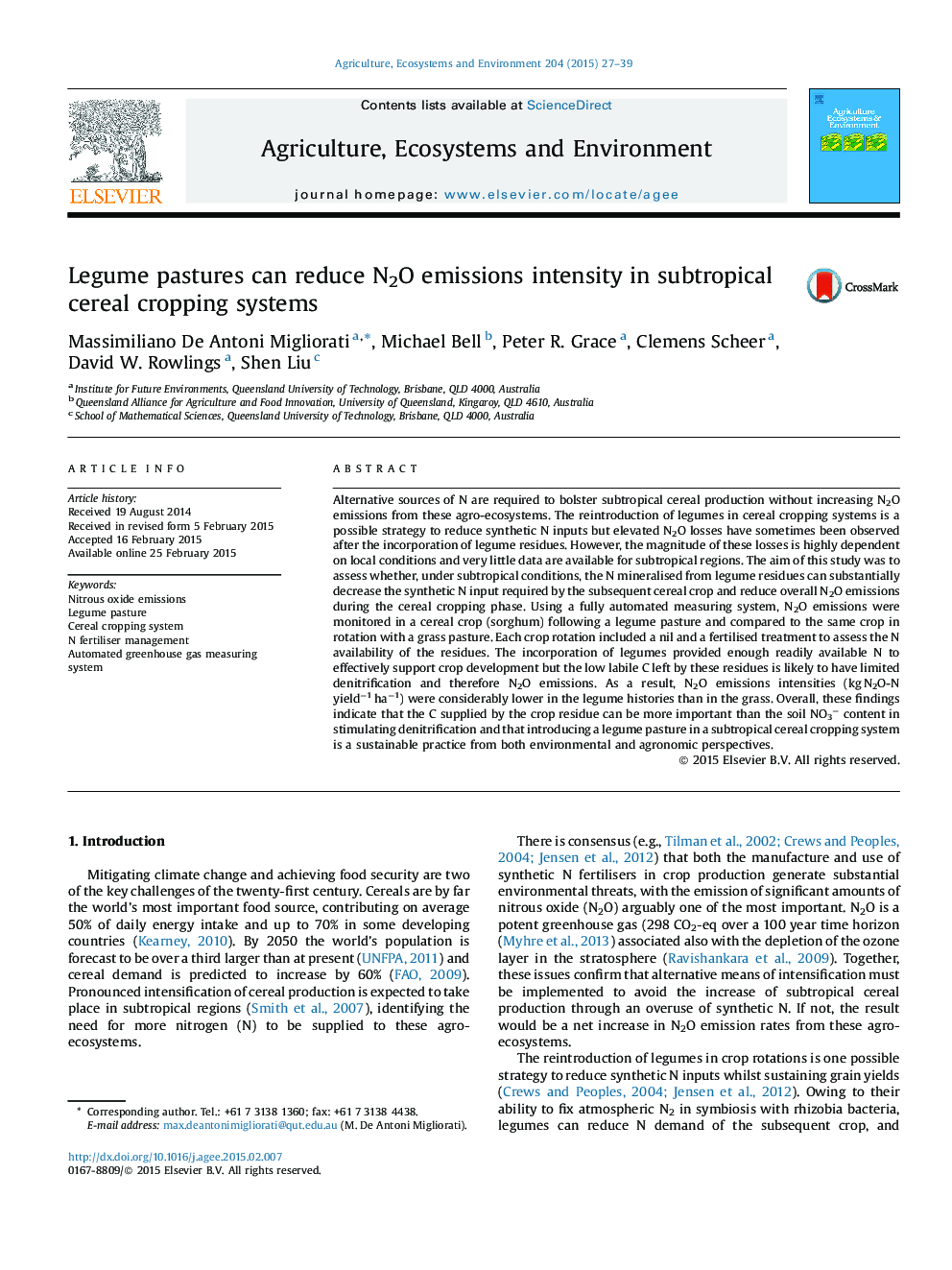 Legume pastures can reduce N2O emissions intensity in subtropical cereal cropping systems