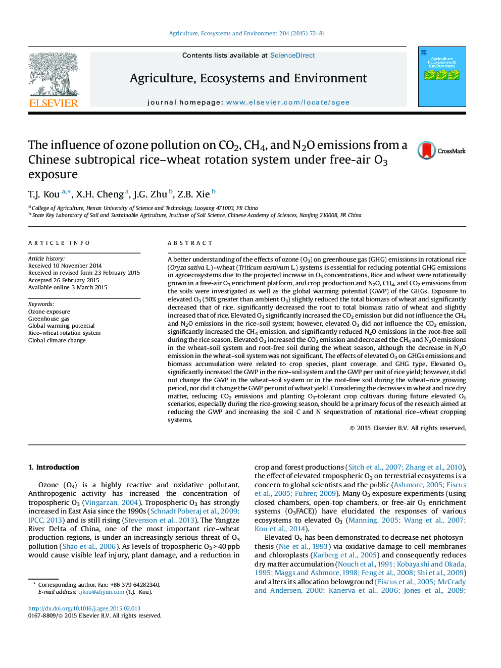 The influence of ozone pollution on CO2, CH4, and N2O emissions from a Chinese subtropical rice–wheat rotation system under free-air O3 exposure