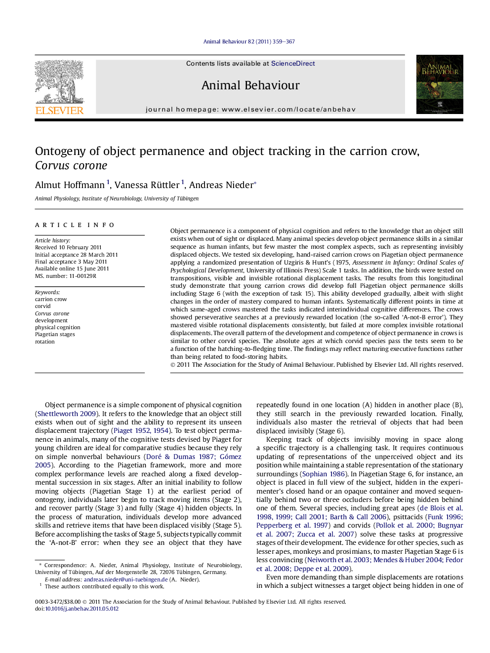 Ontogeny of object permanence and object tracking in the carrion crow, Corvus corone