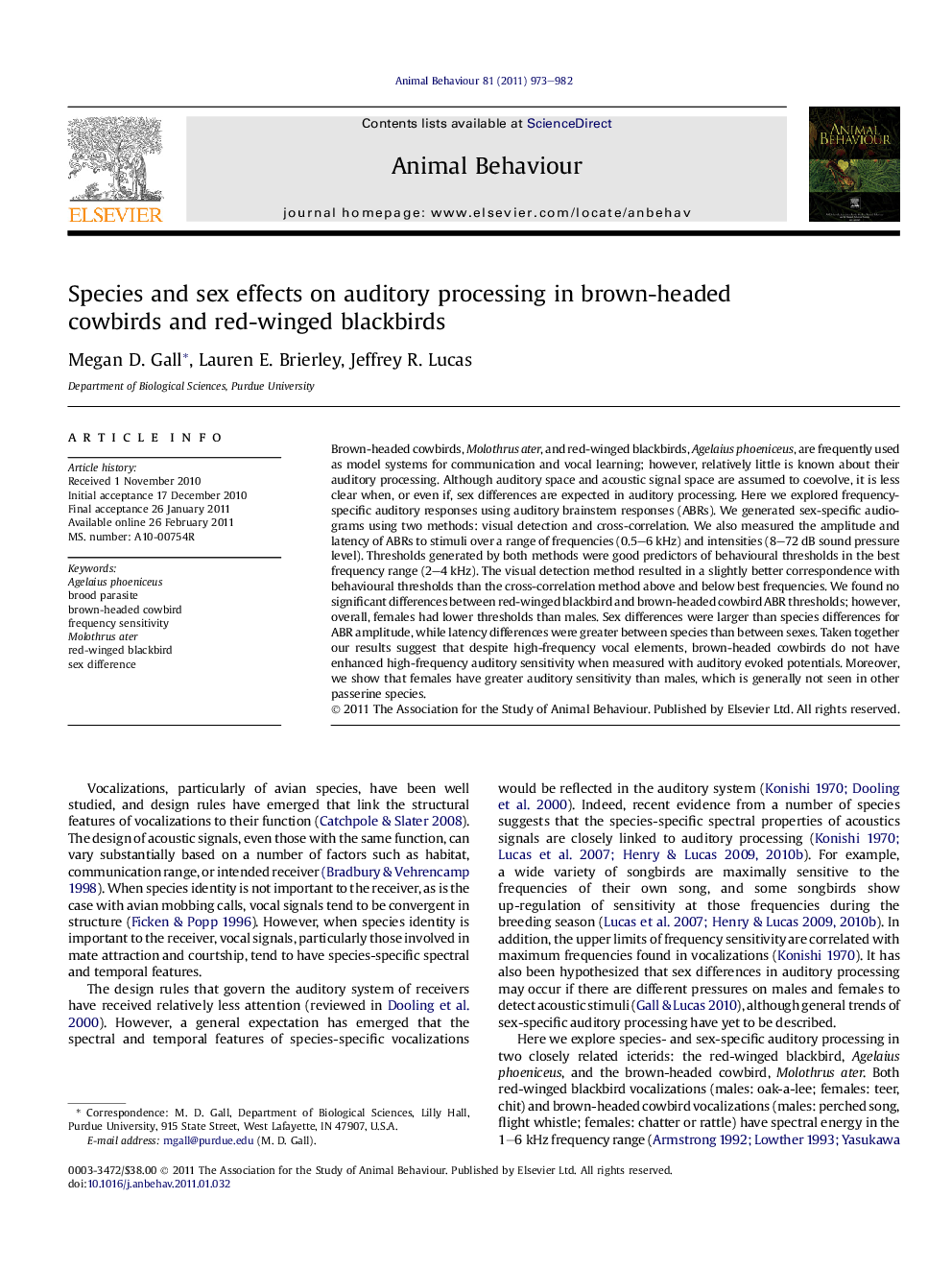 Species and sex effects on auditory processing in brown-headed cowbirds and red-winged blackbirds