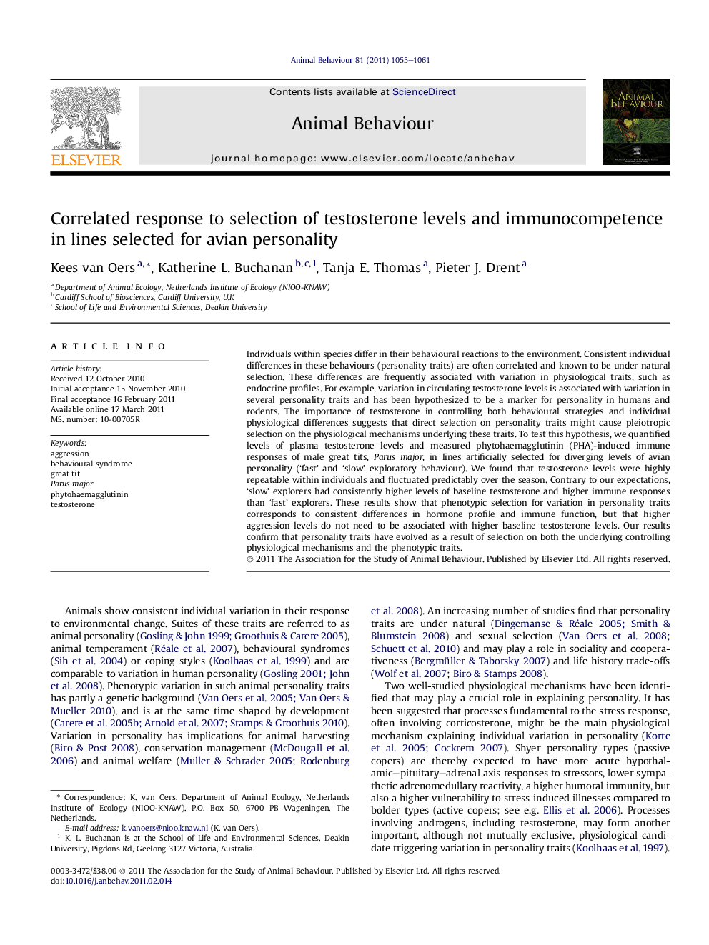 Correlated response to selection of testosterone levels and immunocompetence in lines selected for avian personality