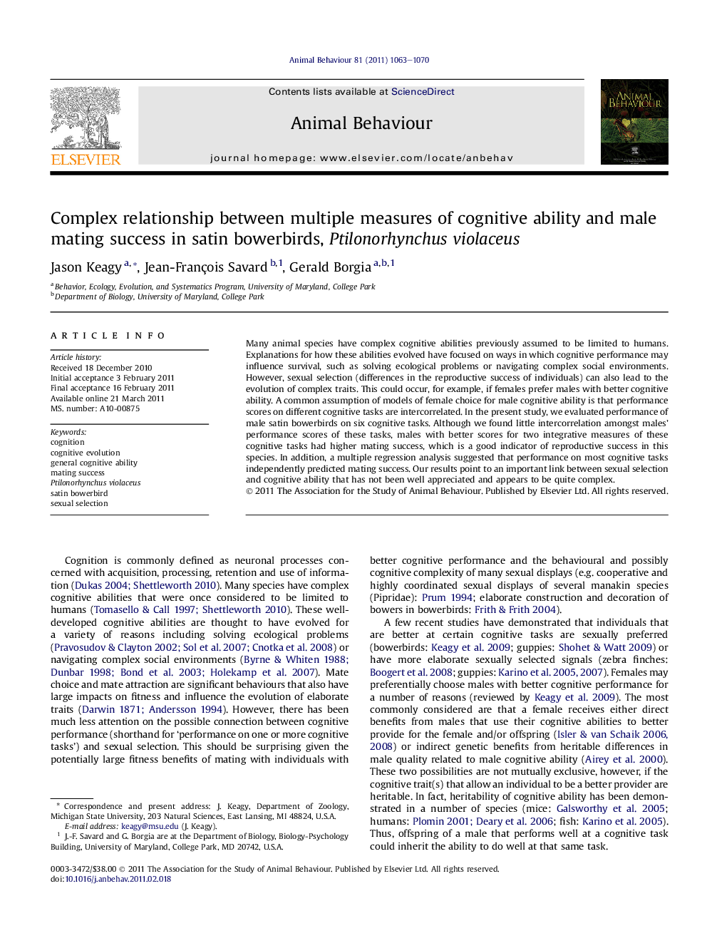 Complex relationship between multiple measures of cognitive ability and male mating success in satin bowerbirds, Ptilonorhynchus violaceus