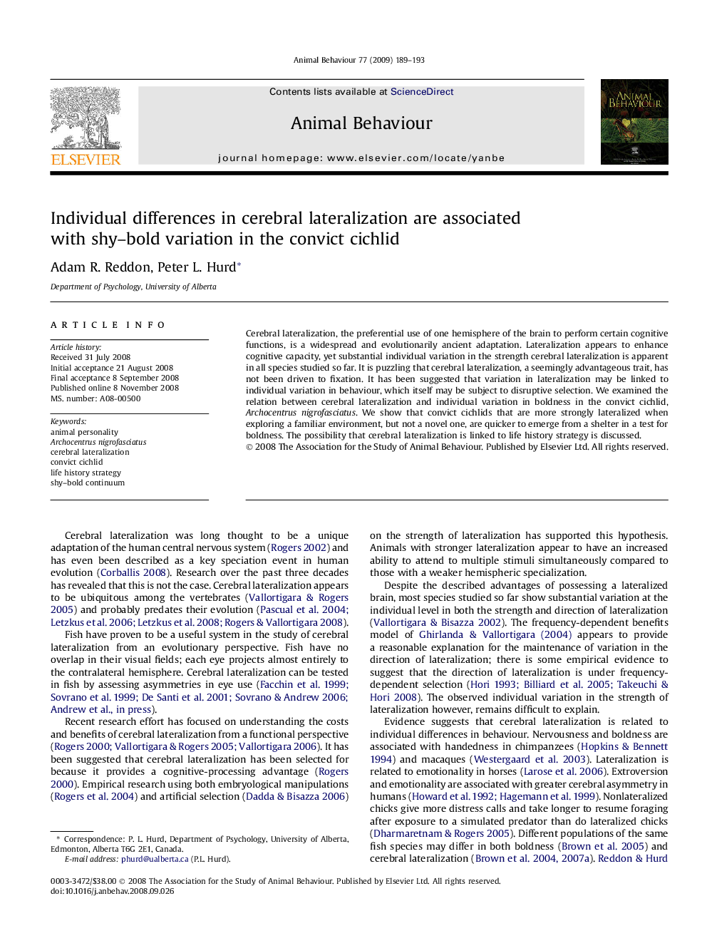 Individual differences in cerebral lateralization are associated with shy–bold variation in the convict cichlid