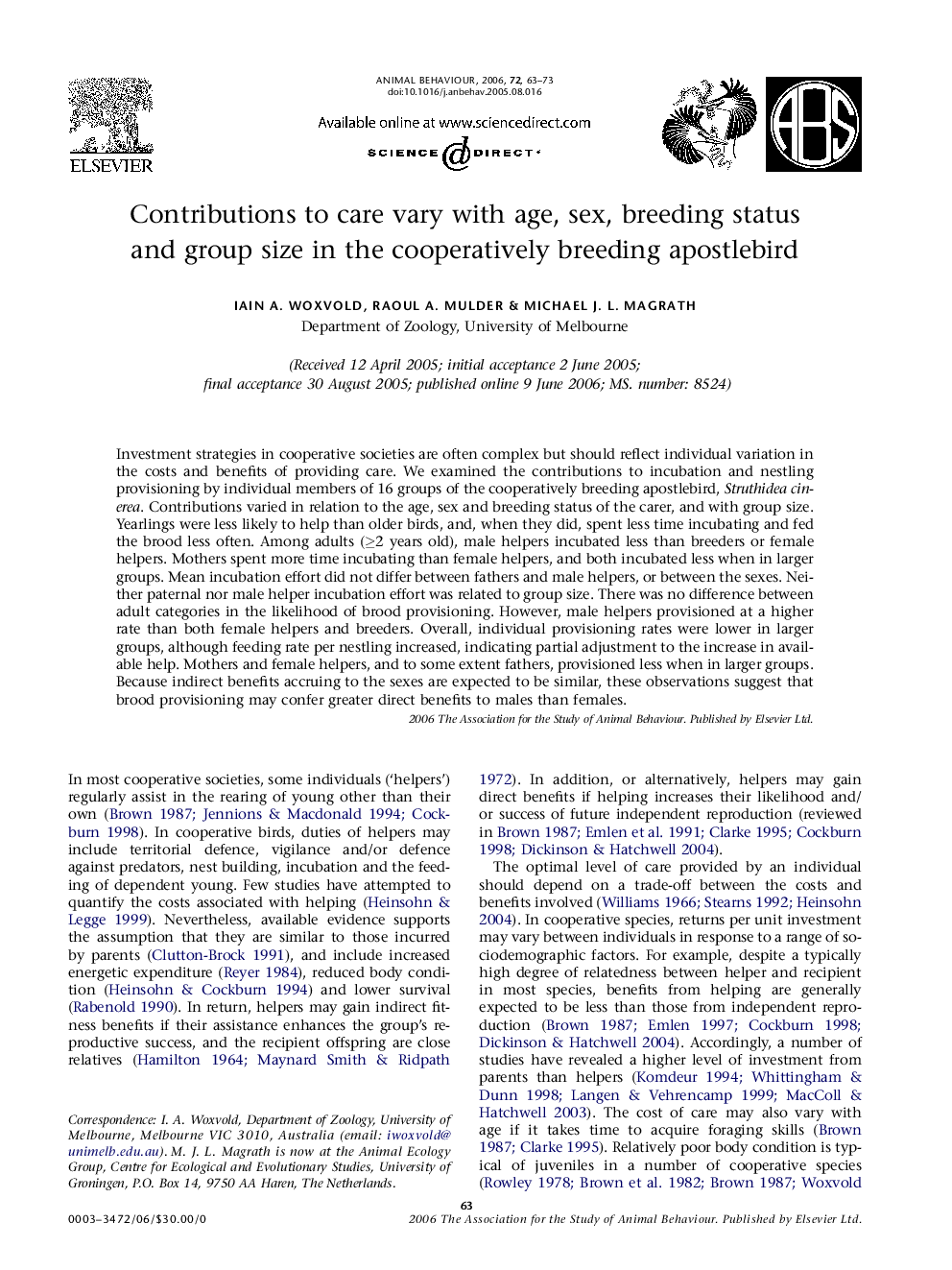 Contributions to care vary with age, sex, breeding status and group size in the cooperatively breeding apostlebird