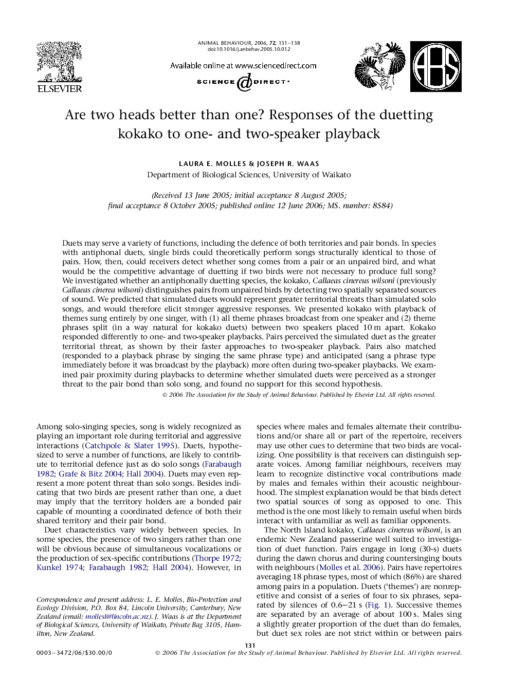 Are two heads better than one? Responses of the duetting kokako to one- and two-speaker playback