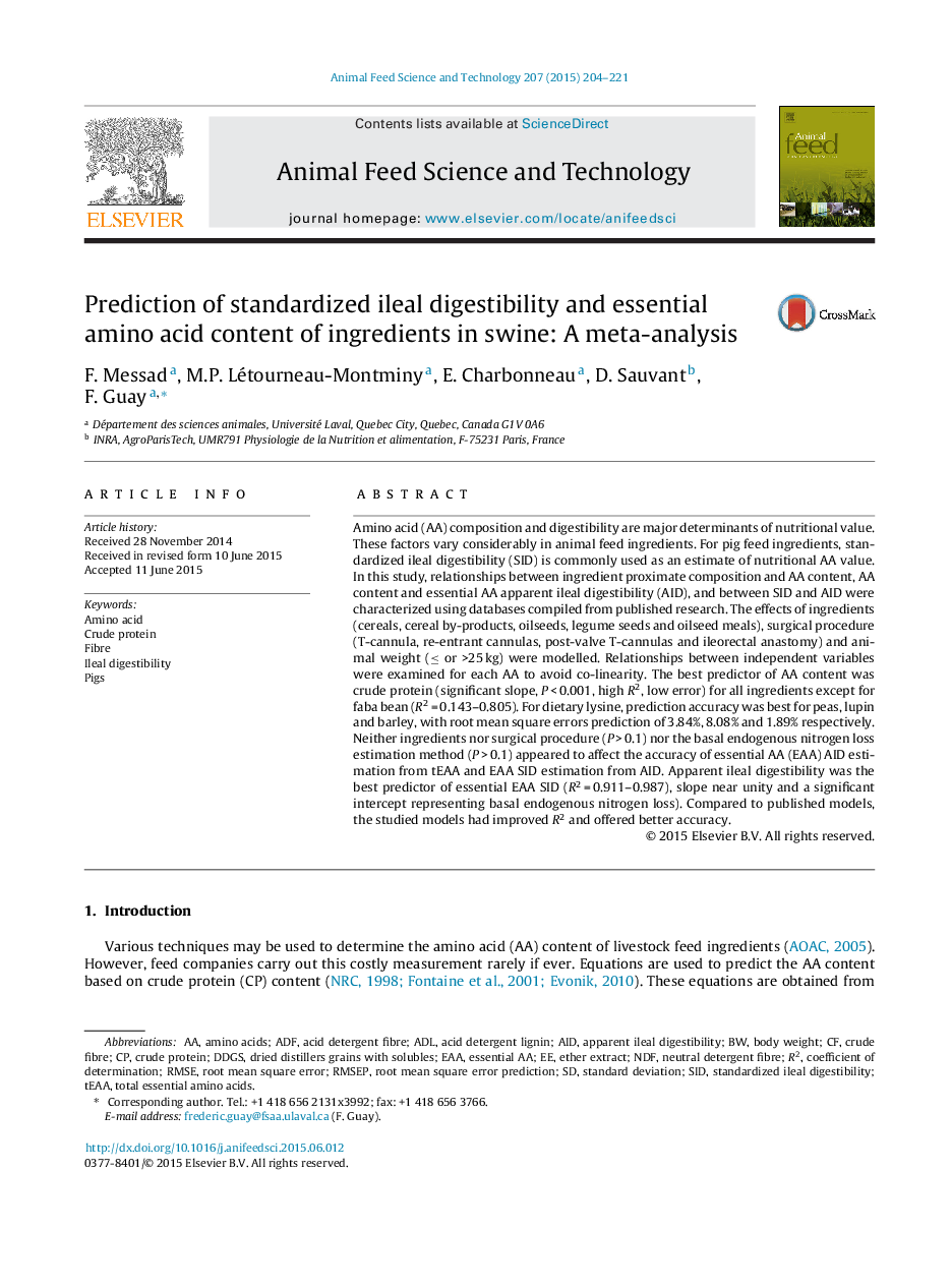 Prediction of standardized ileal digestibility and essential amino acid content of ingredients in swine: A meta-analysis